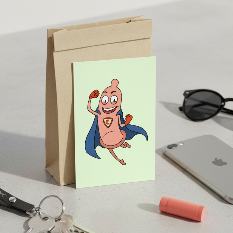 Postcard showing a smiling cartoon condom superhero in a blue cape and red gloves