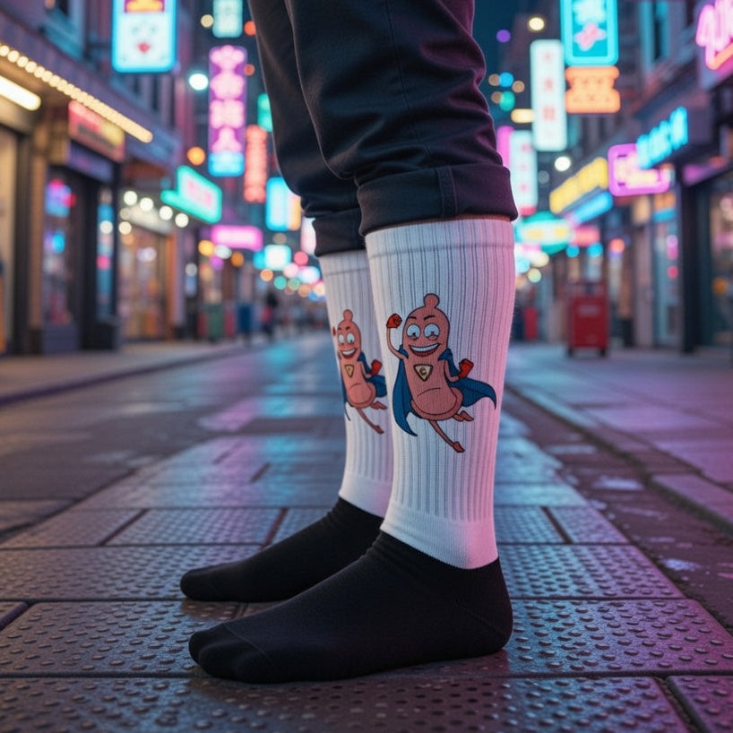 Super Condom Socks—bright crew socks with a caped cartoon sausage—pop with black shoes, neon pink, blue