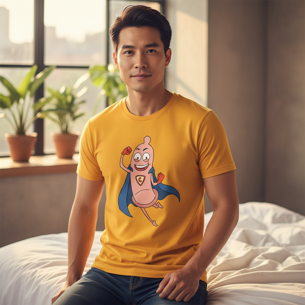 Unisex Super Condom T-Shirt with cartoon condom superhero, worn by a person on a bed in a bright, plant-filled room