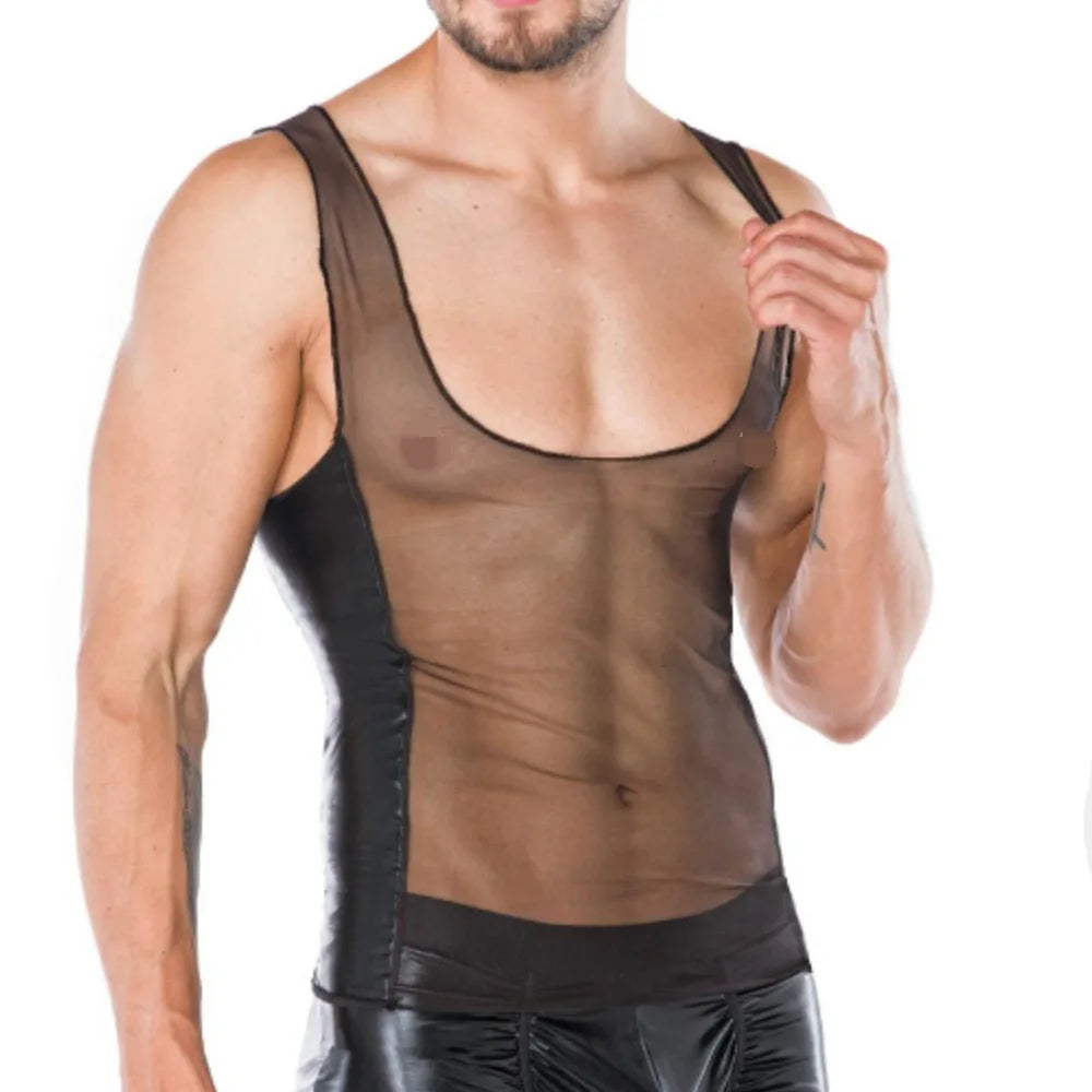 Front view of a model wearing a sheer brown mesh tank vest over black bottoms