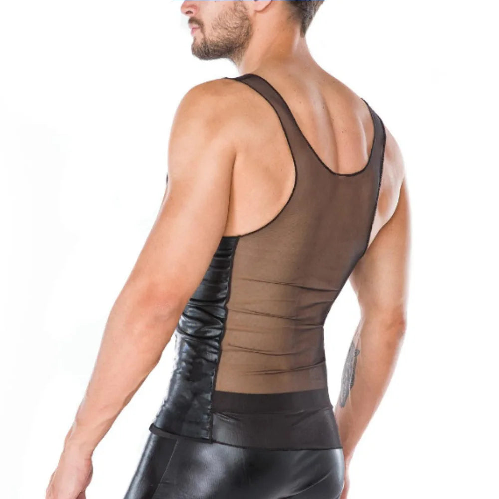 Rear three-quarter view of a person wearing a sheer black mesh vest with leather-look side panels
