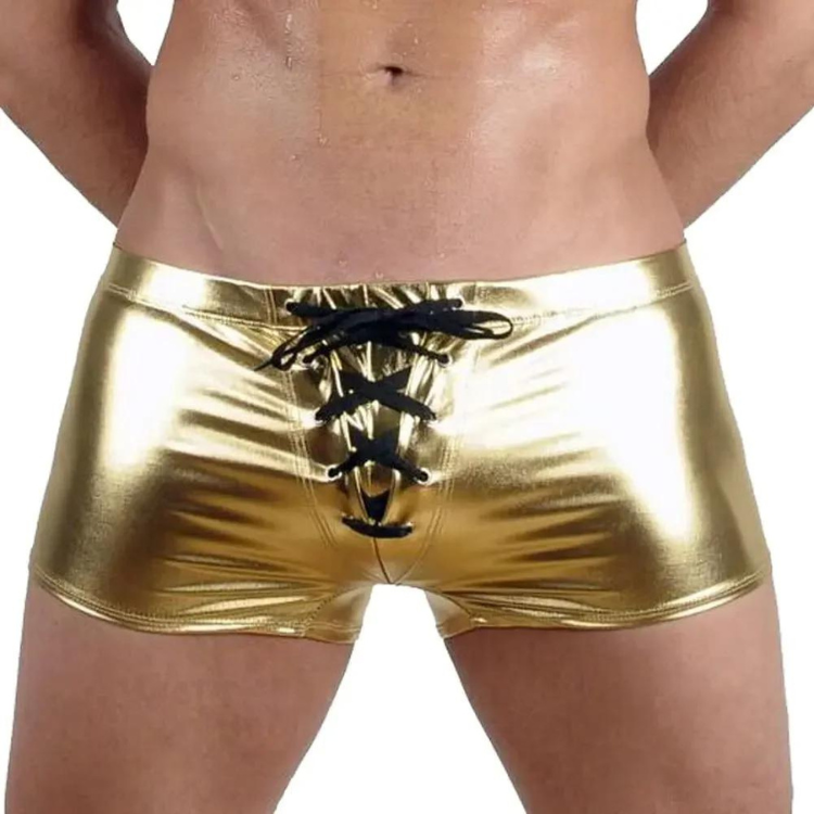Metallic gold PU leather boxers with a black lace-up drawstring front