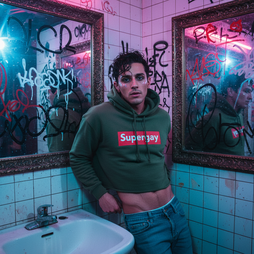 Supergay Crop Hoodie in olive green on a person with short curls, blue jeans, amid graffiti