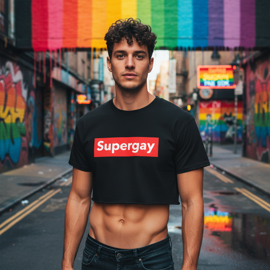Supergay Crop Top worn by a curly-haired person under a rainbow flag