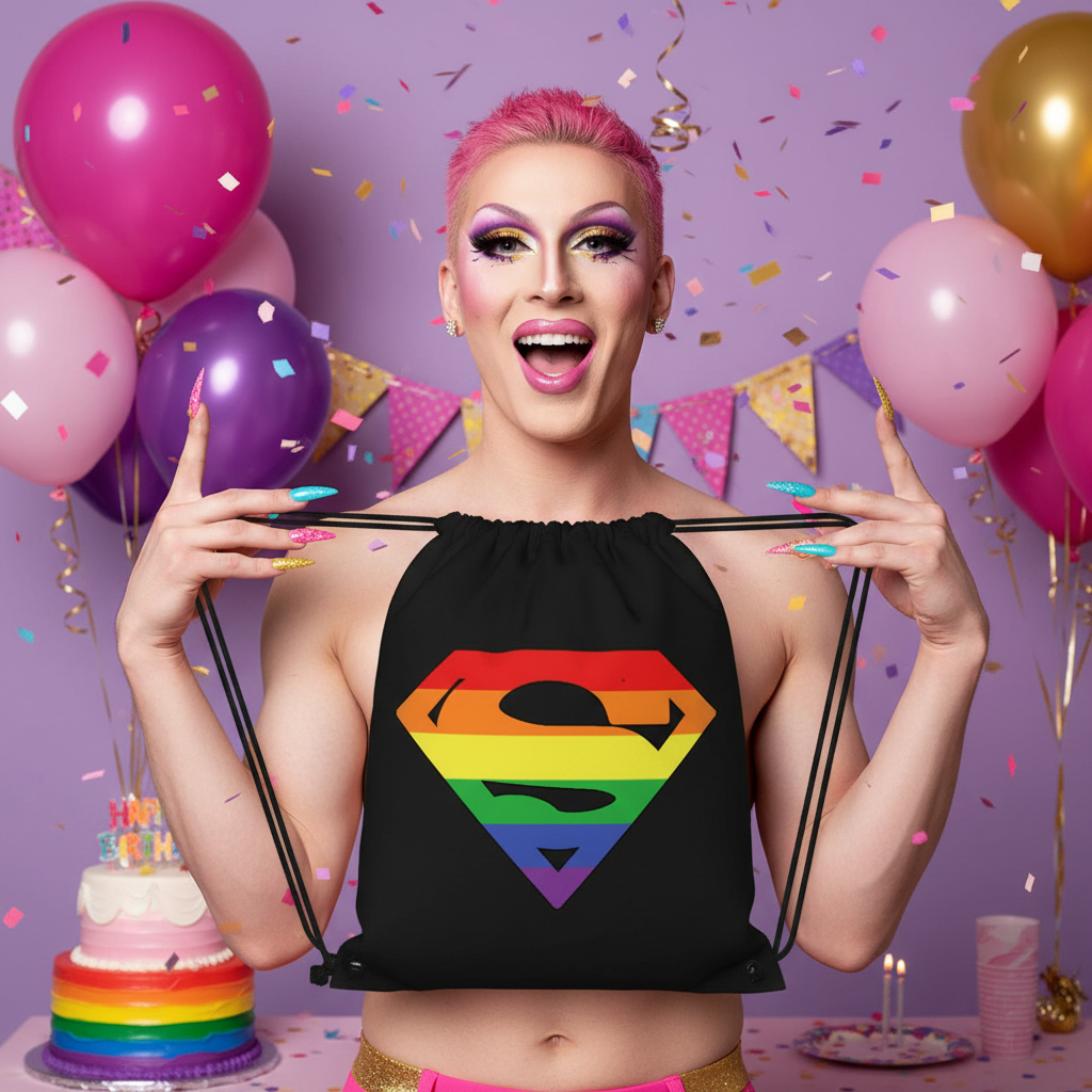 Supergay drawstring bag with rainbow Superman logo held by a smiling