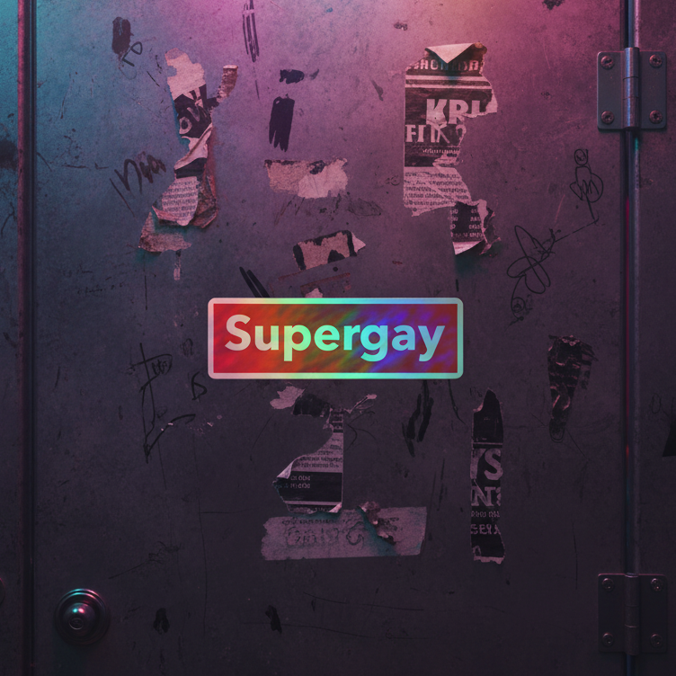 Supergay Holographic Sticker—rainbow shimmer vinyl, bold white "Supergay," on a metallic stall door with posters