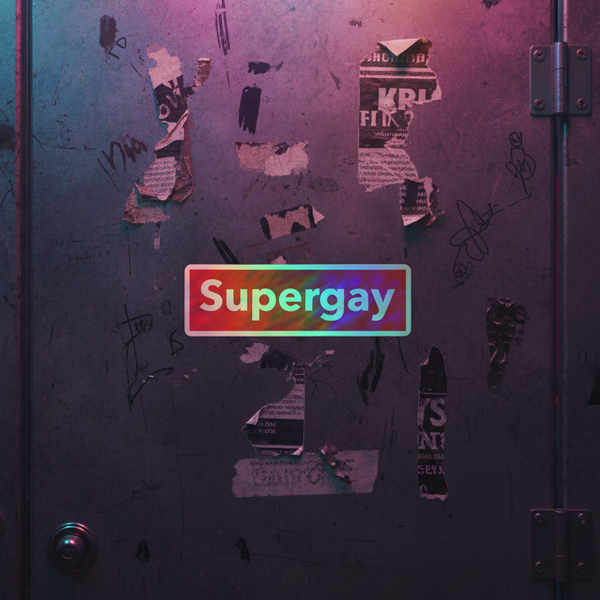 Supergay Holographic Sticker—rainbow shimmer vinyl, bold white 