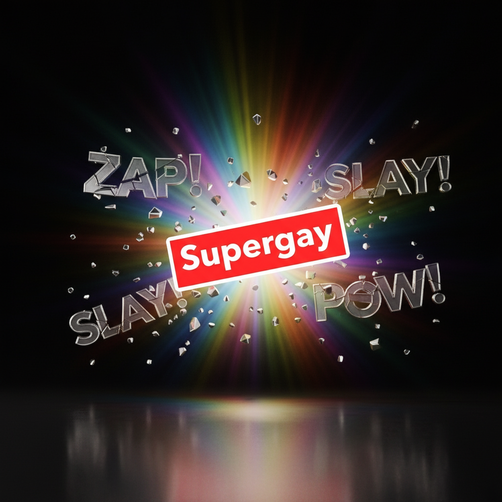 Supergay magnet graphic with rainbow burst, metallic “ZAP!”, “SLAY!”, and “POW!” lettering