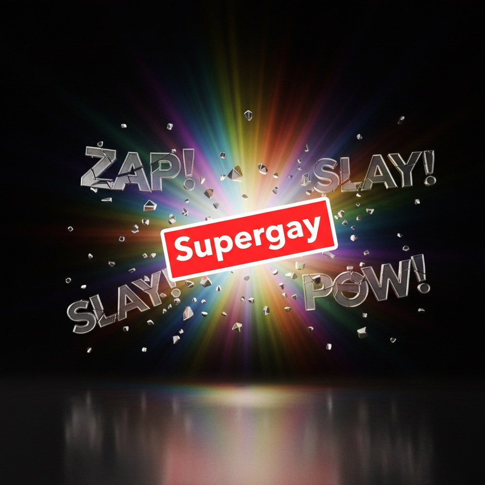 Supergay magnet graphic with rainbow burst, metallic “ZAP!”, “SLAY!”, and “POW!” lettering