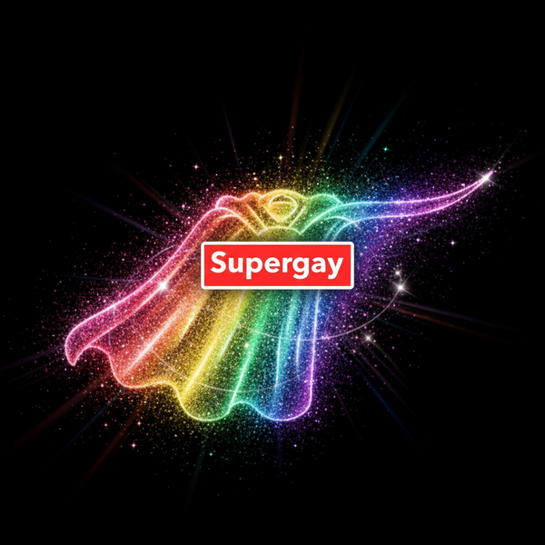 Supergay Magnet with a sparkling rainbow cape pops on black
