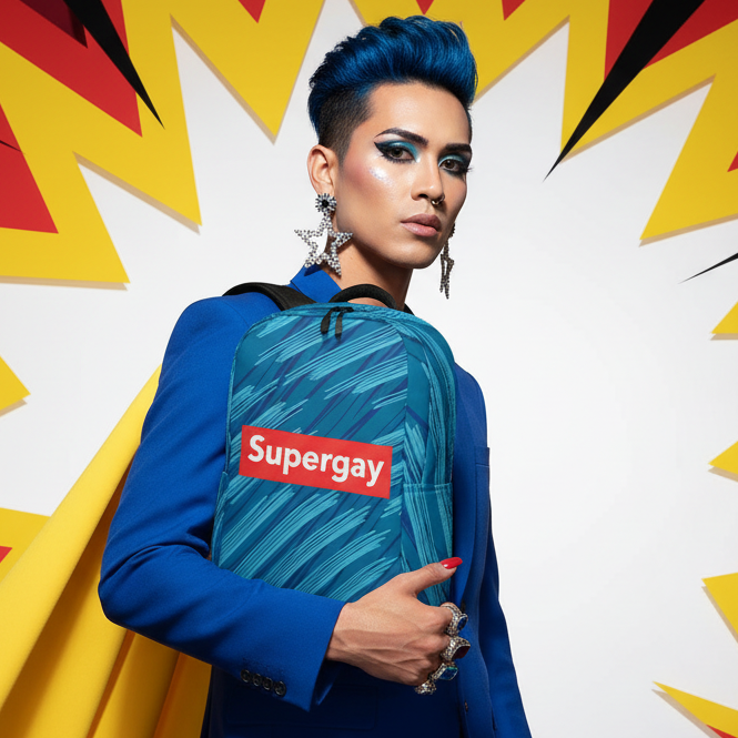 Supergay Minimalist Backpack held by a person with blue hair, star earrings, blue blazer