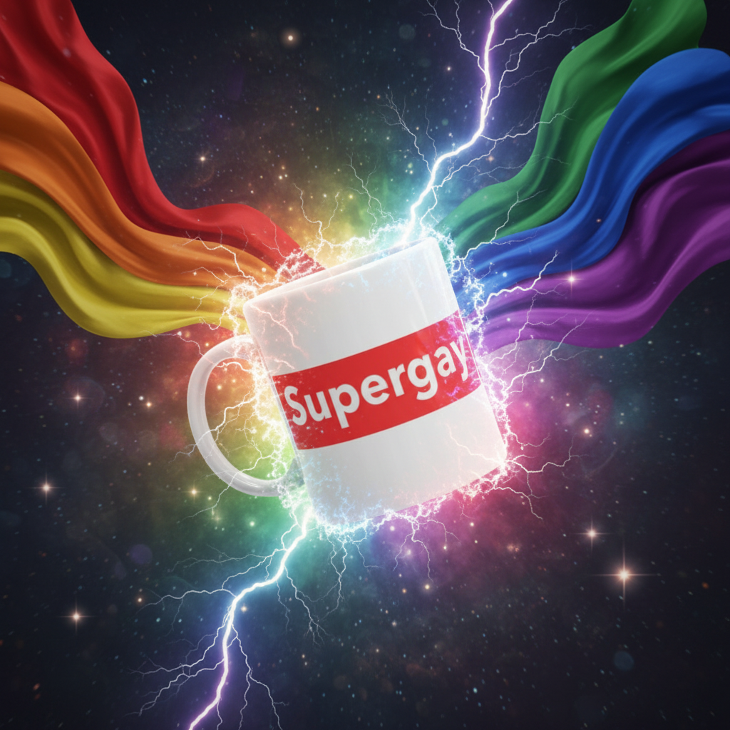 Tilted white mug labeled “Supergay” amid rainbow ribbons and lightning