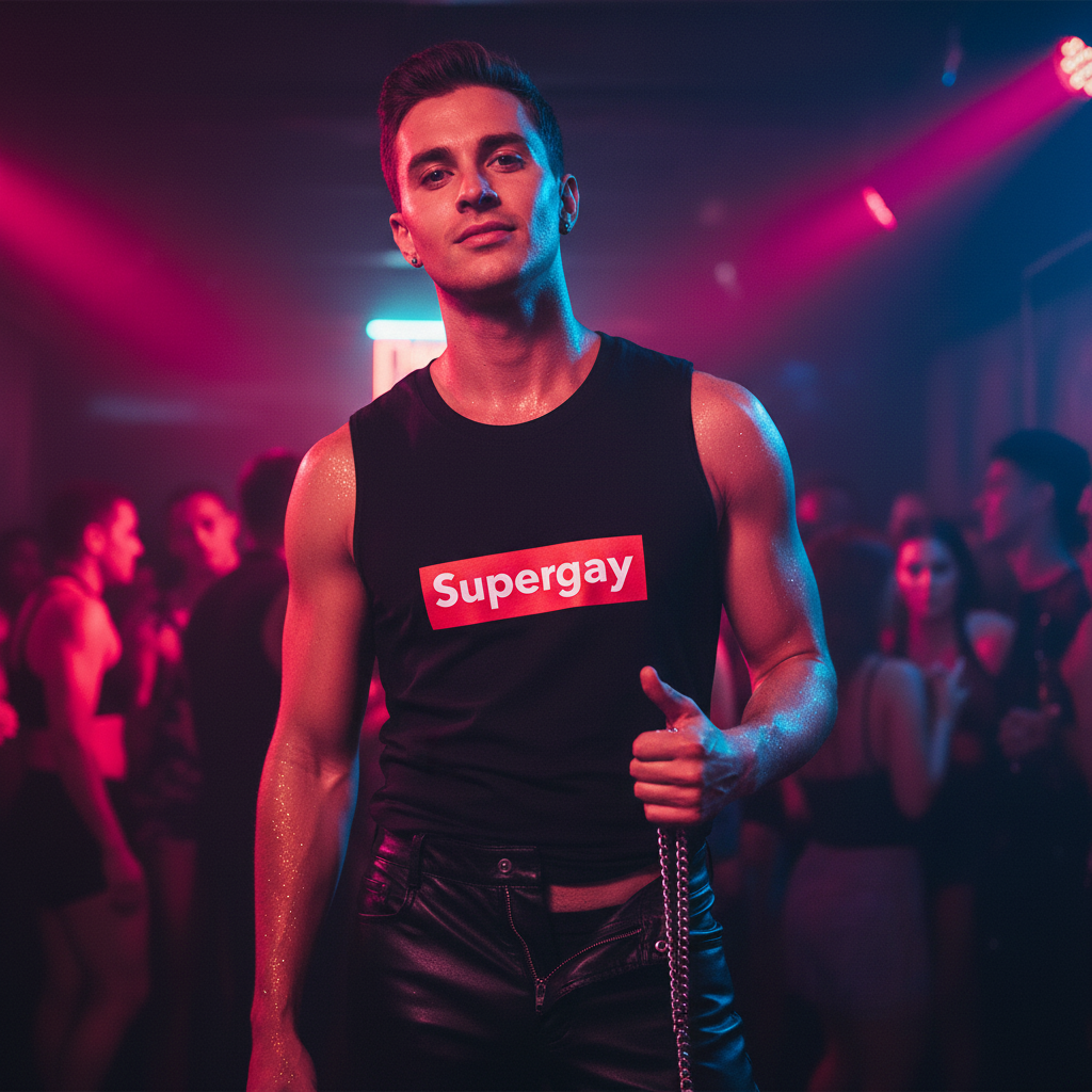 Supergay Muscle Top on a person, paired with leather pants and a chain, posing confidently in neon pink and blue club lights