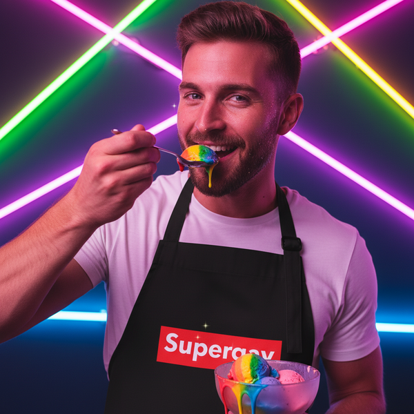 Person wearing a black Supergay apron eats rainbow ice cream beside a bowl