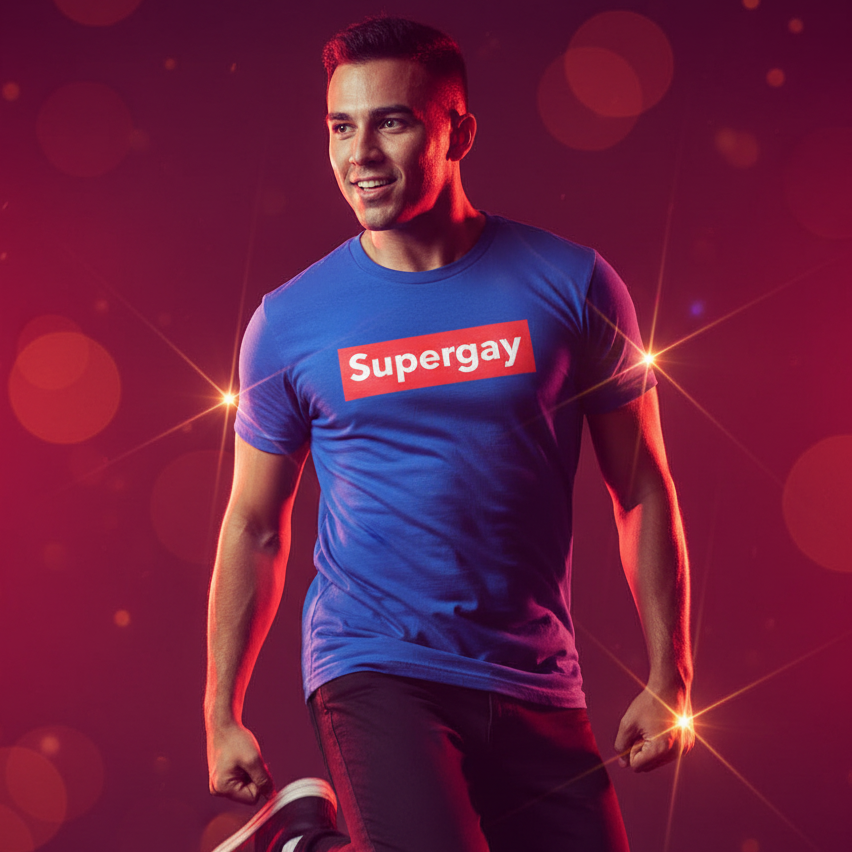 Supergay T-Shirt with a bold red and white logo, worn proudly by a joyful person