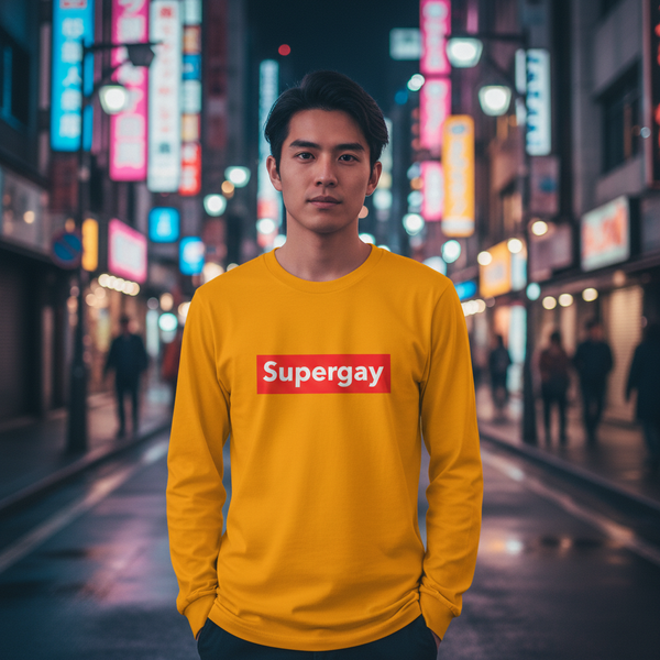 Supergay Unisex Long Sleeve T-Shirt, vivid yellow, bold red patch with “Supergay” in white