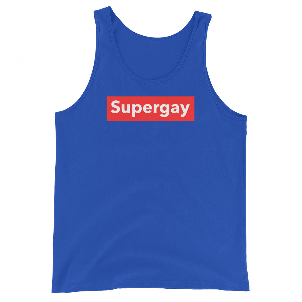 Unisex royal blue tank with red rectangle and bold white “supergay” text; gender inclusive