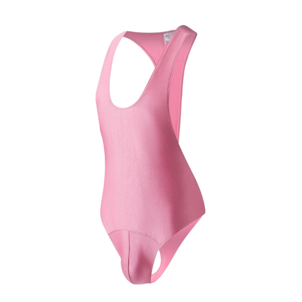 Pink sleeveless one-piece swimsuit shown at a three-quarter front angle