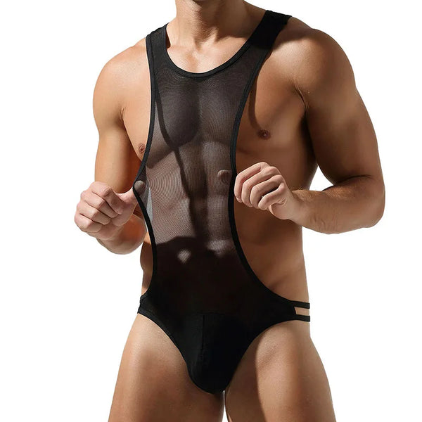 Front view of a muscular model wearing a sheer black mesh bodysuit with side straps