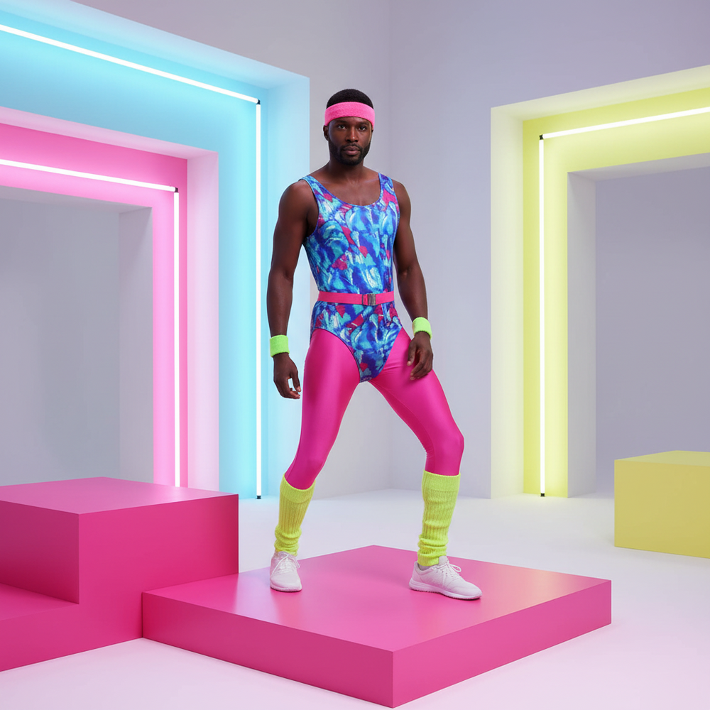 Sweat It Out 80s Retro Aerobics Costume: person in blue-pink leotard, hot pink leggings, neon yellow leg warmers