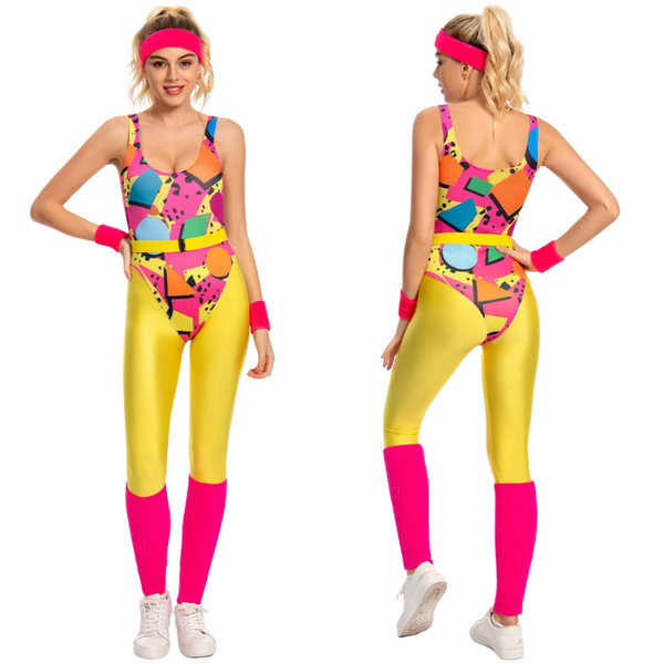 Front and back views of a model in a colorful geometric aerobics leotard, yellow leggings, and pink accessories