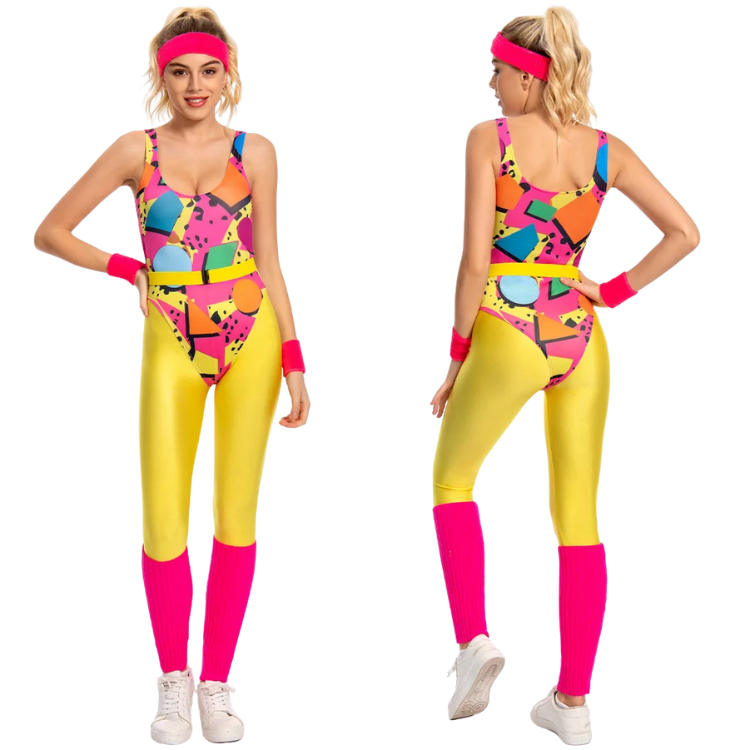 Front and back views of a model in a colorful geometric aerobics leotard, yellow leggings, and pink accessories