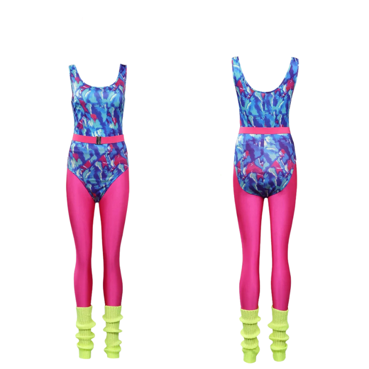 Front and back views of a blue abstract-print bodysuit with pink tights and neon green leg warmers