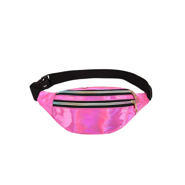 Front view of a shiny holographic pink fanny pack with a black adjustable strap and two zippers