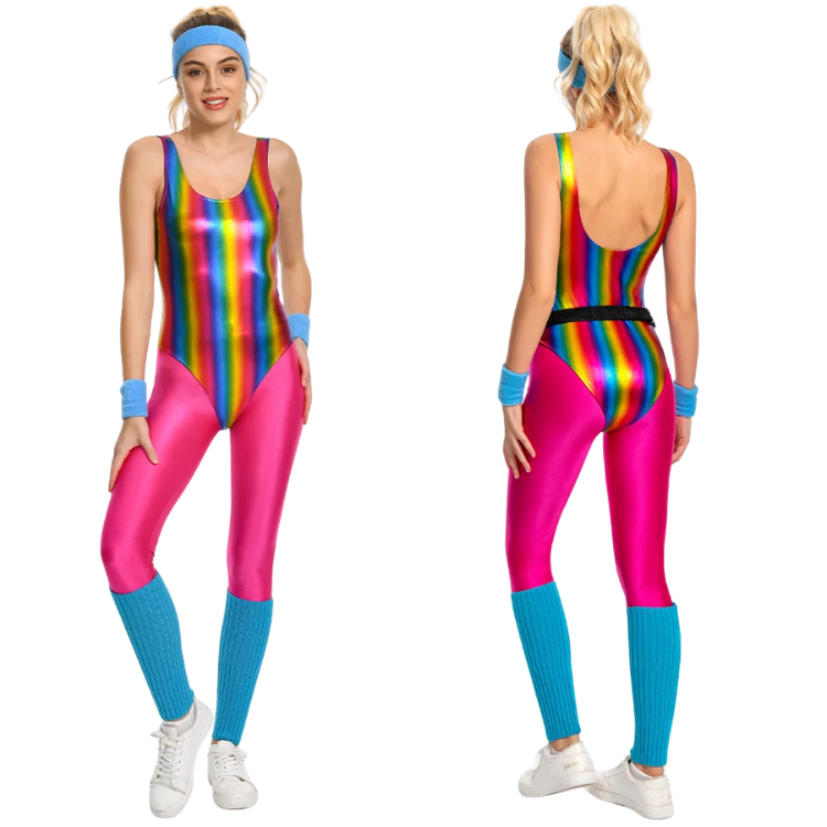 Front and back views of a person wearing a rainbow-striped unitard with pink leggings