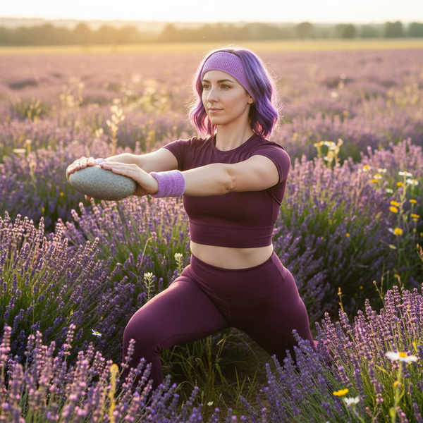 A person with purple hair wears the Sweat With Pride Pop Purple Headband & Wristband set