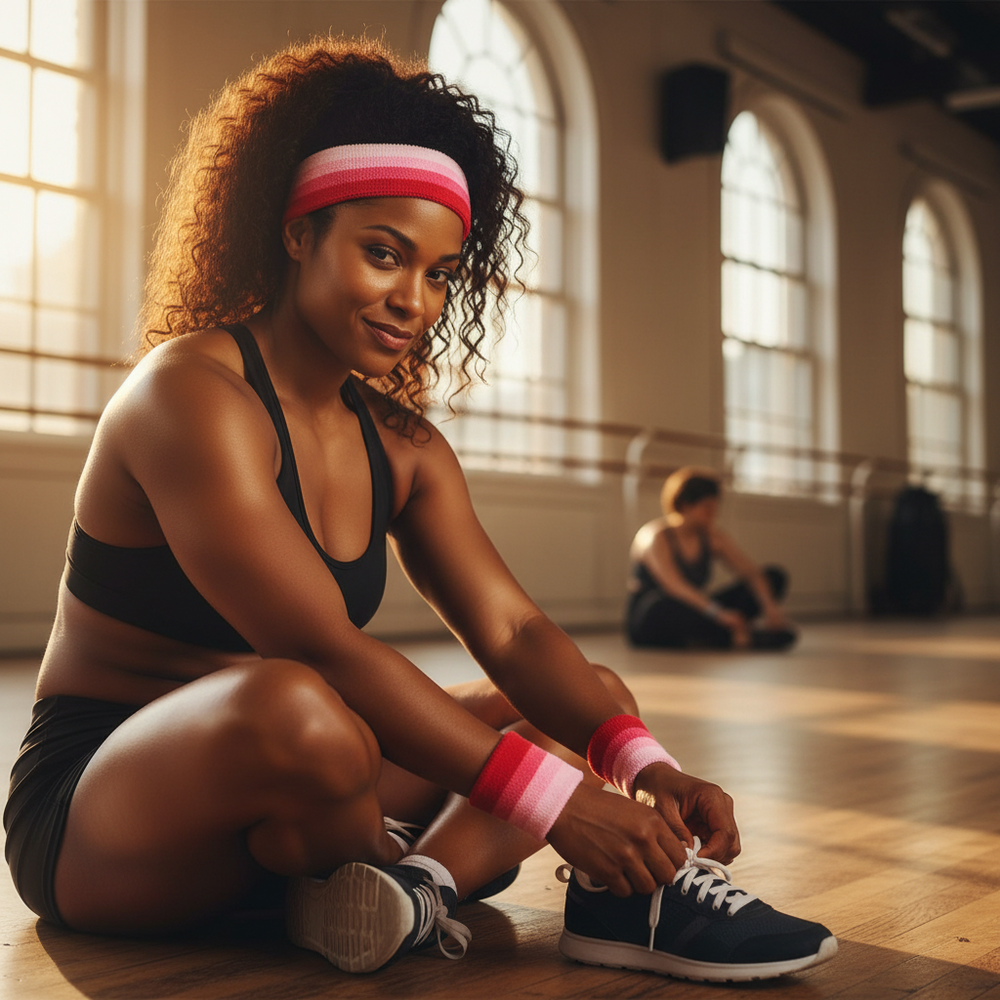 Person in Femme Pink Sweat With Pride headband and wristbands ties their sneaker on a sunlit gym floor; arched windows glow