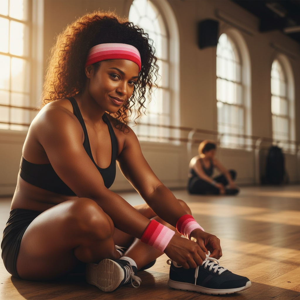 Person in Femme Pink Sweat With Pride headband and wristbands ties their sneaker on a sunlit gym floor; arched windows glow