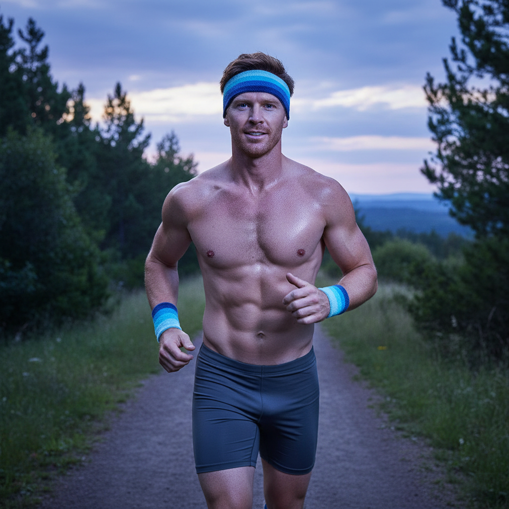 Shirtless queer man jogs at dawn, wearing dark shorts and the Sweat With Pride Gay Male Headband & Wristband Fitness Set.