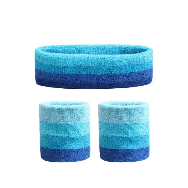 Blue striped terry-cloth headband above two matching wristbands on a white background