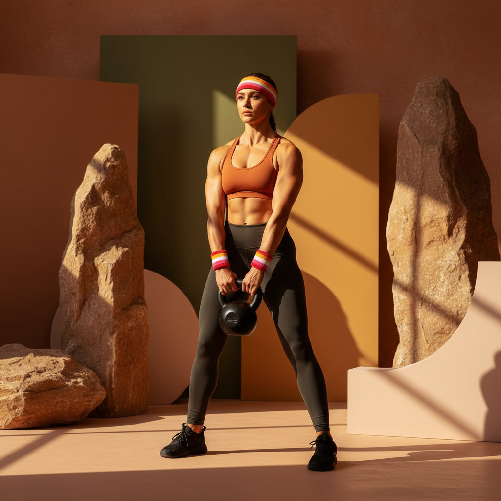 A person in the Sweat With Pride Lesbian Headband & Wristband Set stands on a sunlit floor with a kettlebell