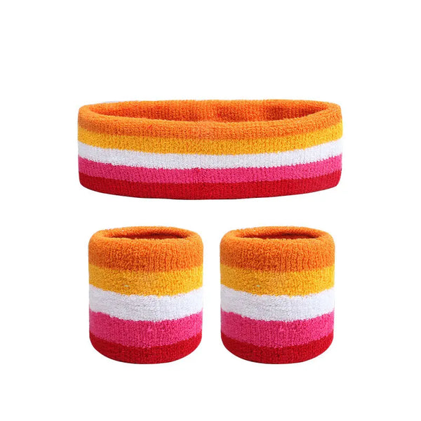 Striped terry-cloth headband above two matching wristbands on a white background
