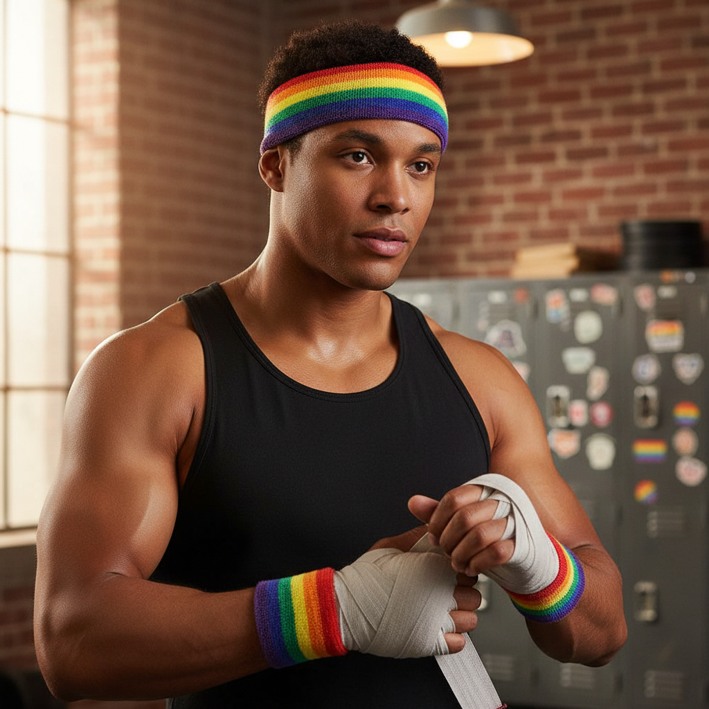 A queer athlete in a black tank top wears the "Sweat With Pride" LGBT headband and wristbands
