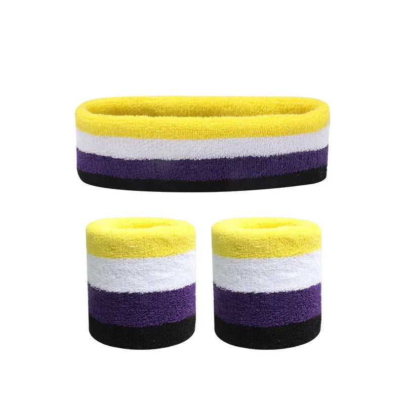 Non-binary pride terry-cloth sweatband set with one headband and two wristbands