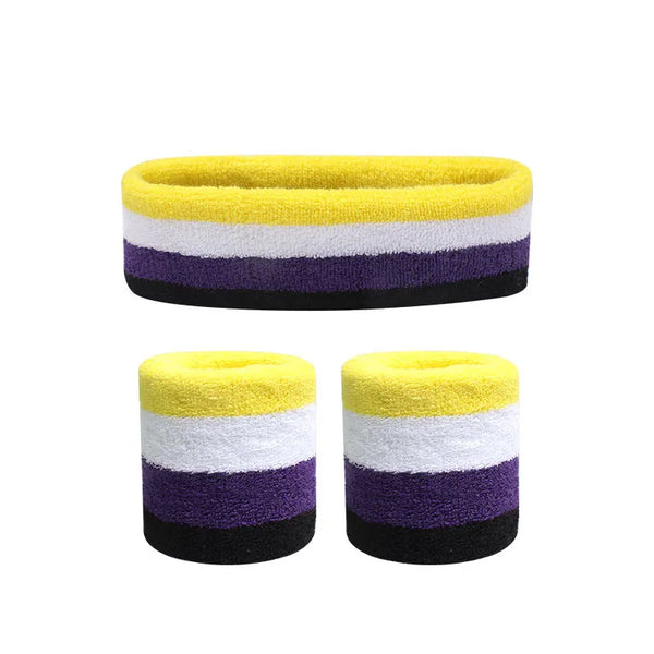 Non-binary pride terry-cloth sweatband set with one headband and two wristbands