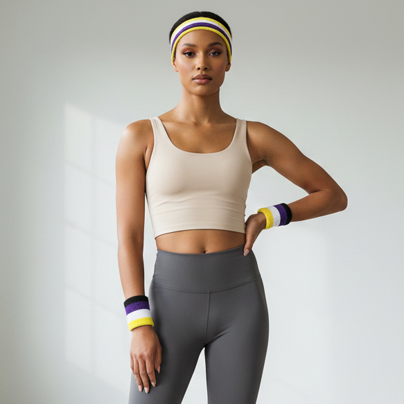 Person indoors in beige crop top and gray leggings wears Sweat With Pride Non-Binary Headband & Wristband