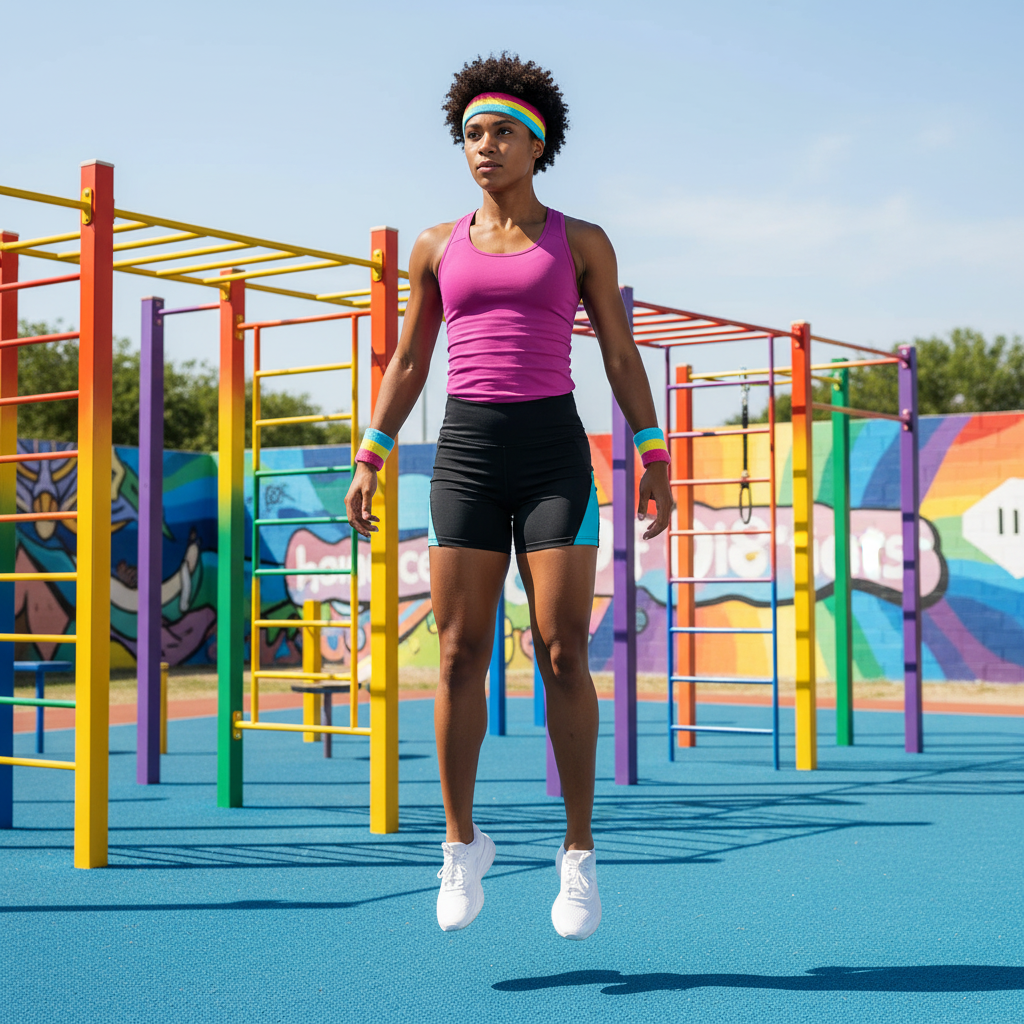 Sweat With Pride Pansexual Headband & Wristband Fitness Set jumps at a bright playground, pink tank, black shorts