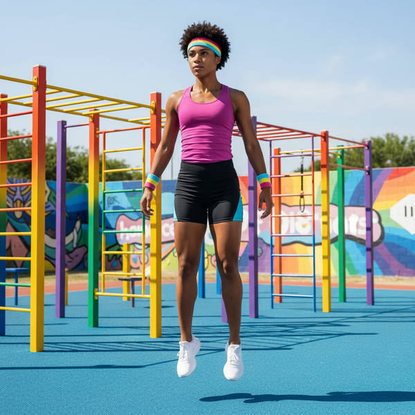 Sweat With Pride Pansexual Headband & Wristband Fitness Set jumps at a bright playground, pink tank, black shorts