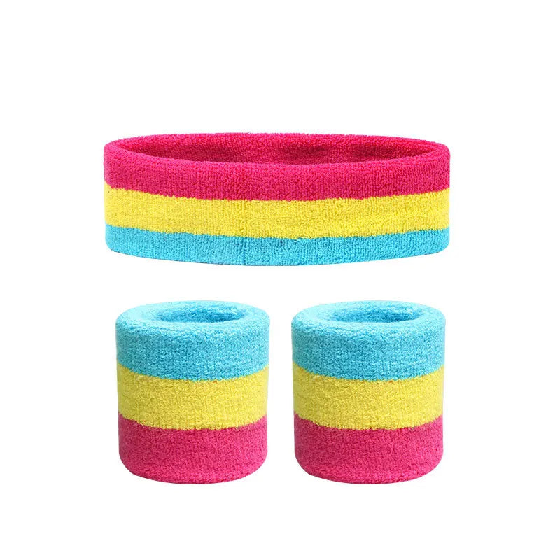 Three-piece terry fitness set with a striped headband and two wristbands