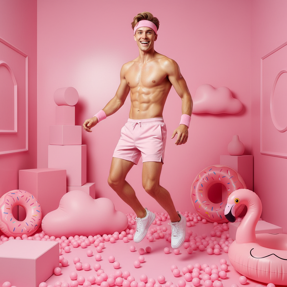 A joyful, athletic person in the Sweat With Pride Pop Pink Headband & Wristband Fitness Set jumps