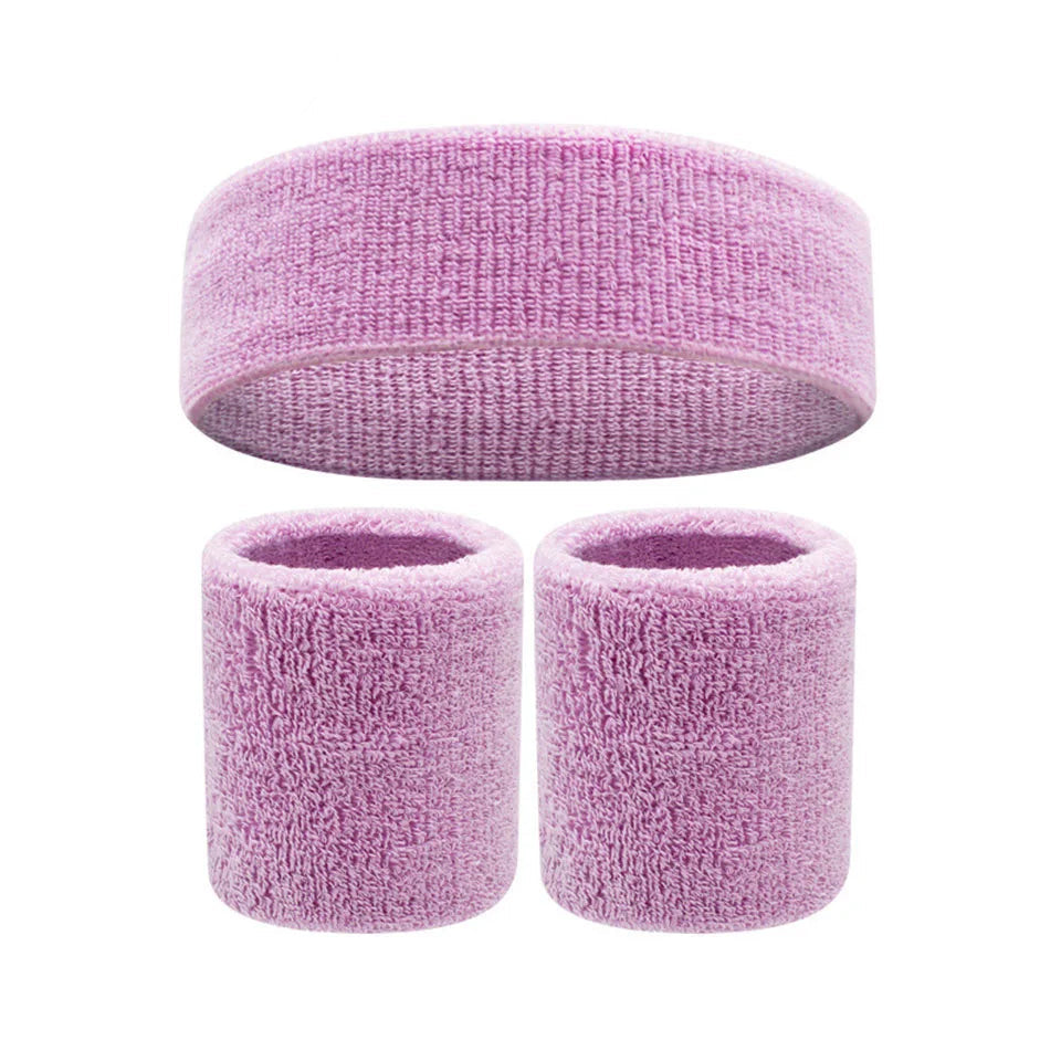 Three-piece lavender terry-cloth fitness set with one wide headband and two wristbands