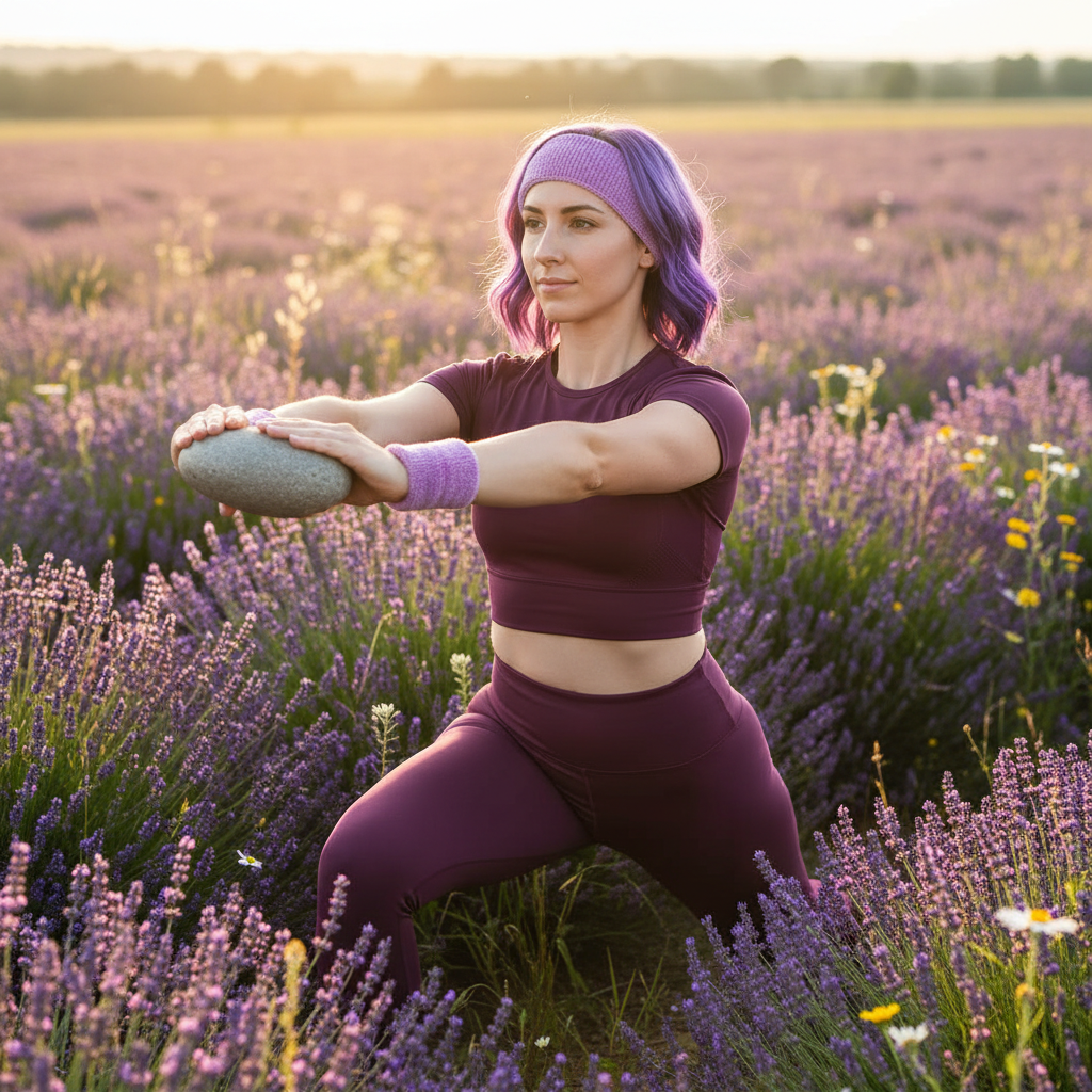 A person with purple hair wears the Sweat With Pride Pop Purple Headband & Wristband set