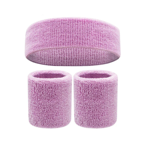 Three-piece lavender terry-cloth fitness set with one wide headband and two wristbands
