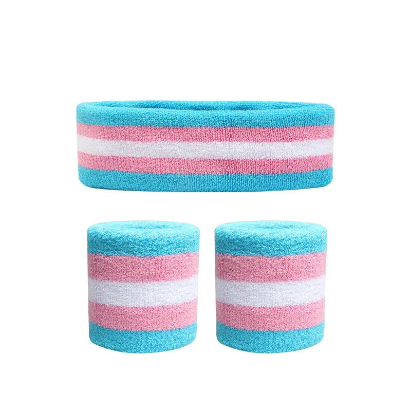 Flat lay of a turquoise, pink, and white striped headband with two matching wristbands