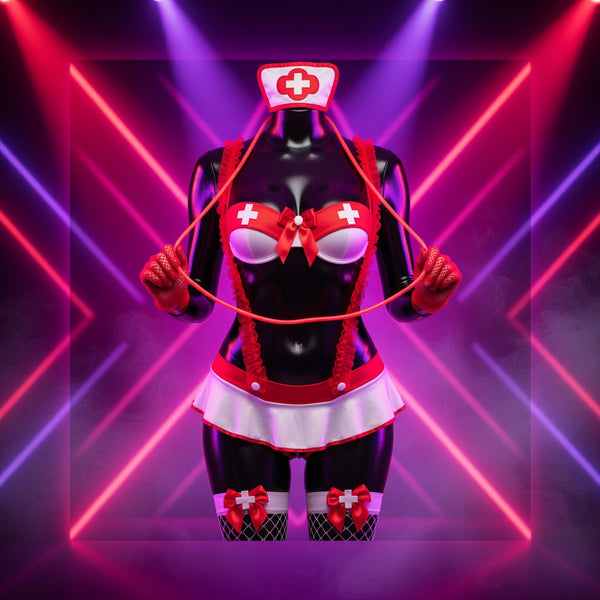 Sweet But Sinful Nurse Roleplay Outfit on a glossy black mannequin, white and red with cross bra
