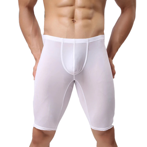 Front view of a model wearing fitted white mesh shorts with a contoured front pouch